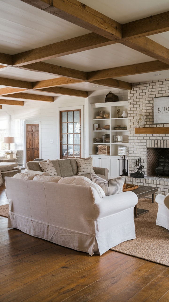 Rustic Comfort: A Cozy Living Space with Slipcovered Sofas and Architectural Charm