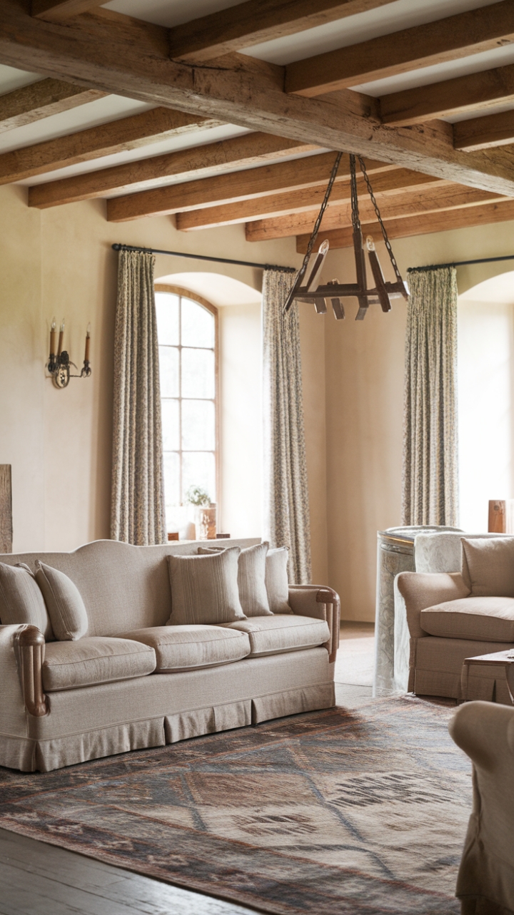 Cozy Farmhouse Living Room with Beamed Details and Plush Seating