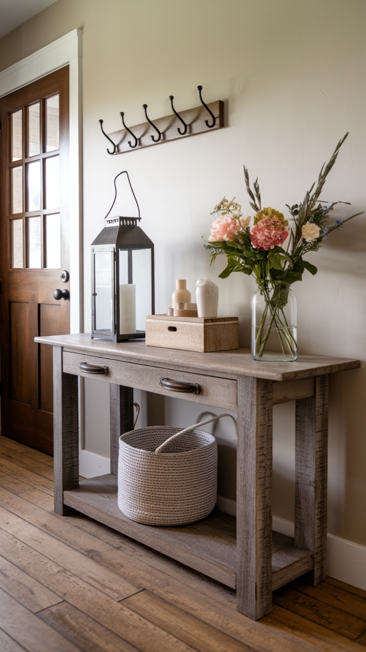 Inviting Entry: Rustic Console with Lantern and Flowers