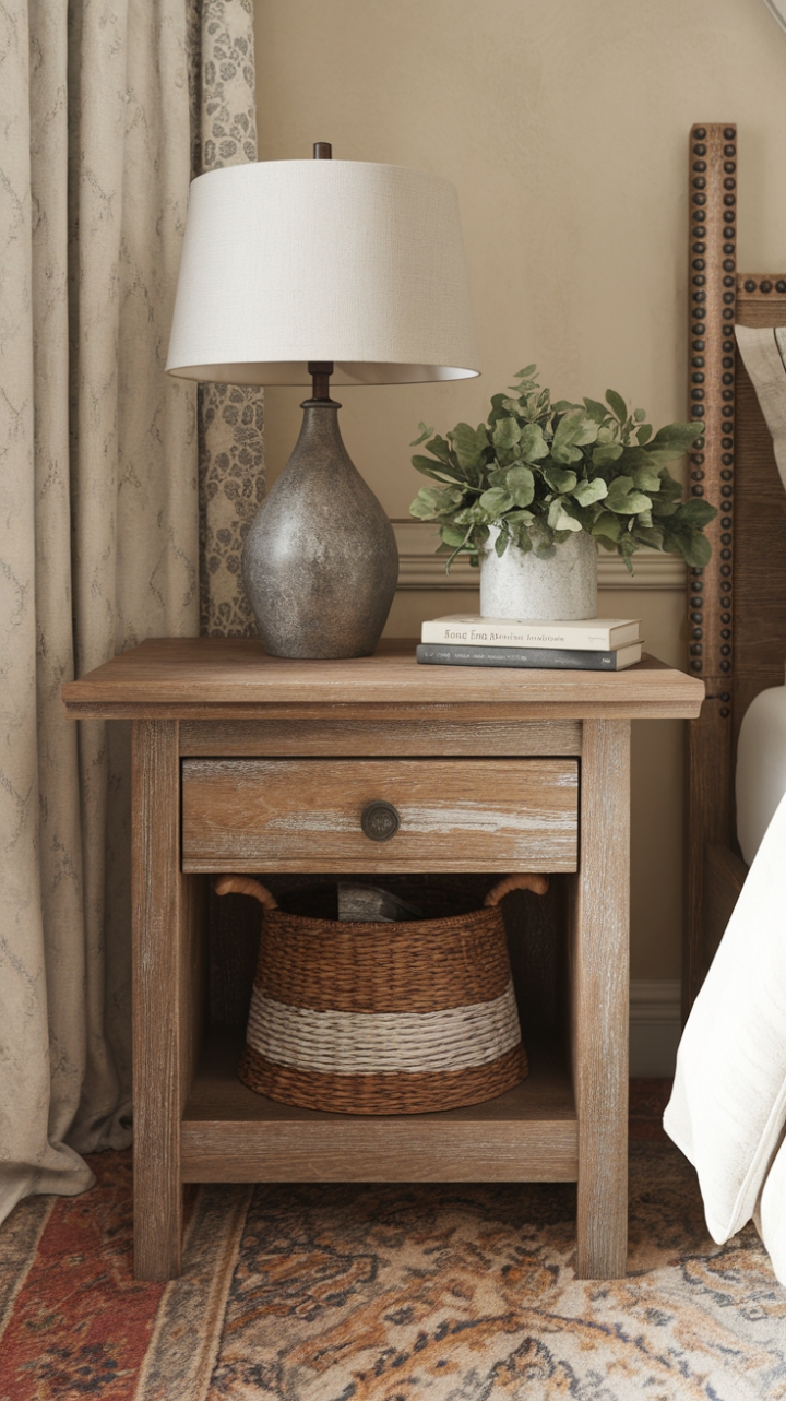 Charming Distressed Nightstand Completes Inviting Bedside Scene