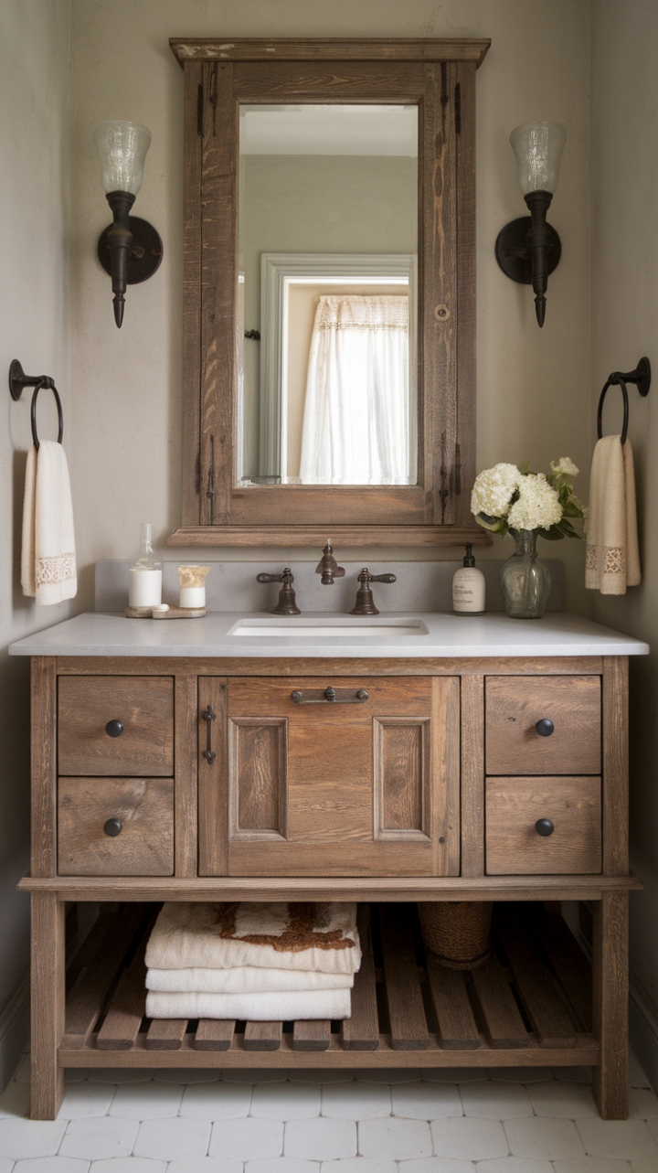 Vintage Reclaimed Wood Vanity Enhances Modern Farmhouse Bathroom