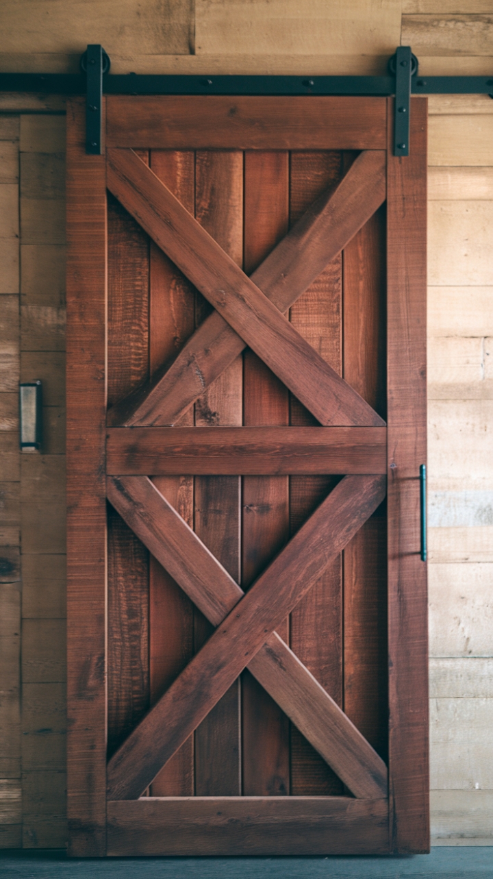 Rustic Reddish-Brown Barn Door with X-Braces for Warm, Country Charm