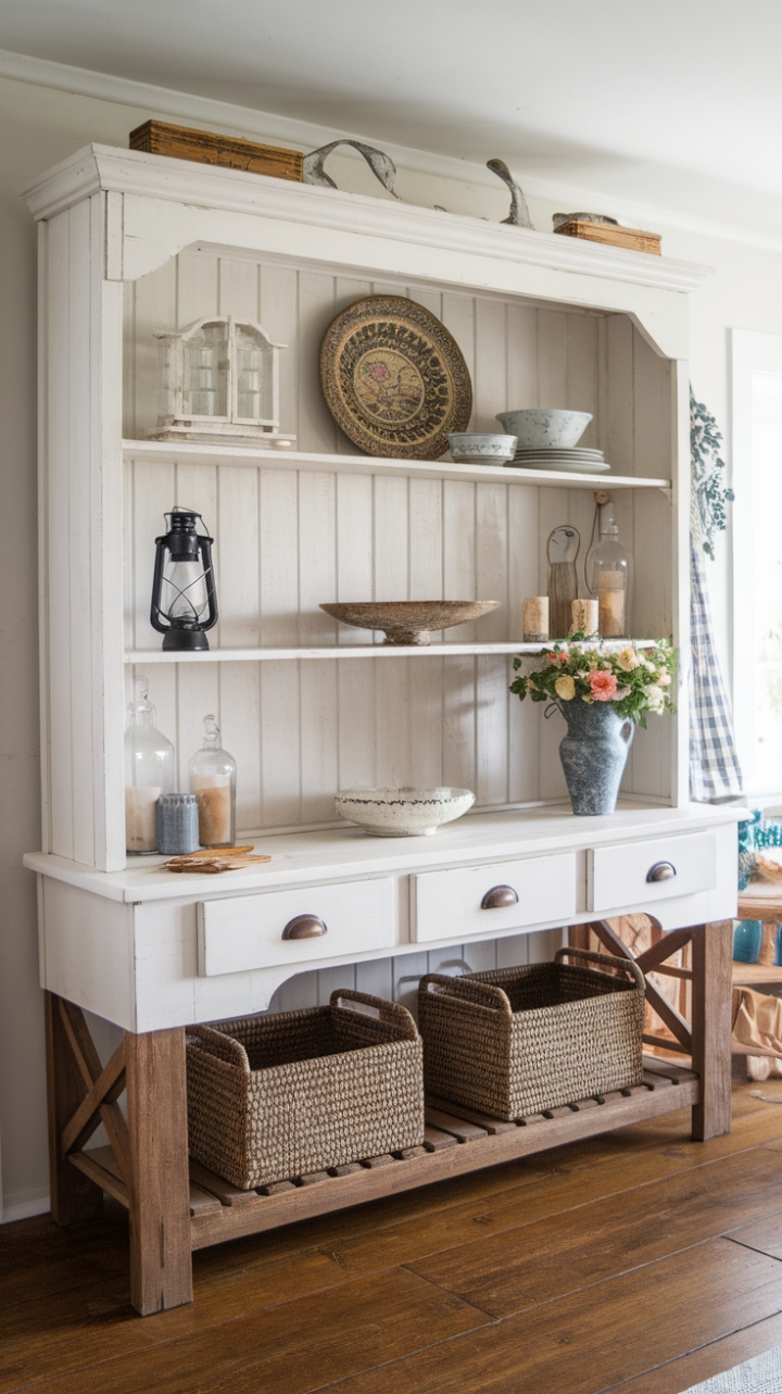 Rustic White Hutch Brings Cozy Charm to the Room
