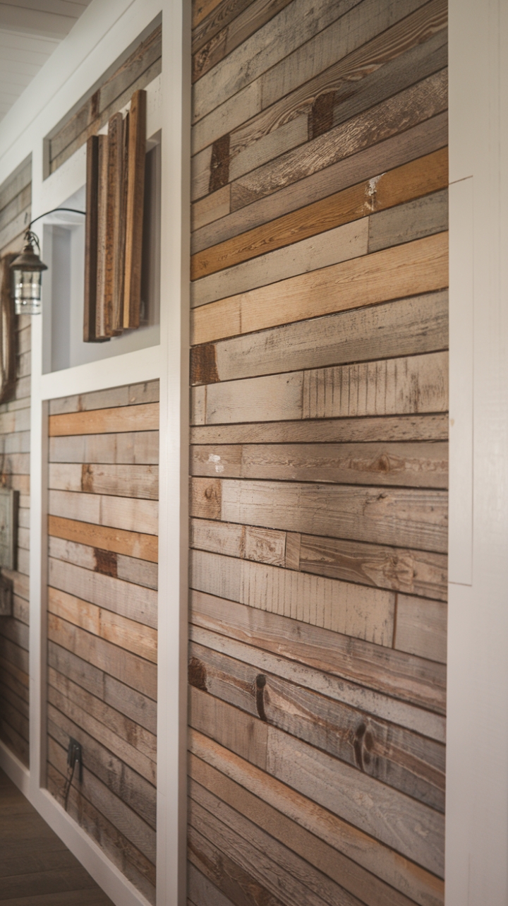 Modern Farmhouse Charm: Reclaimed Wood and White Paneling Focal Point