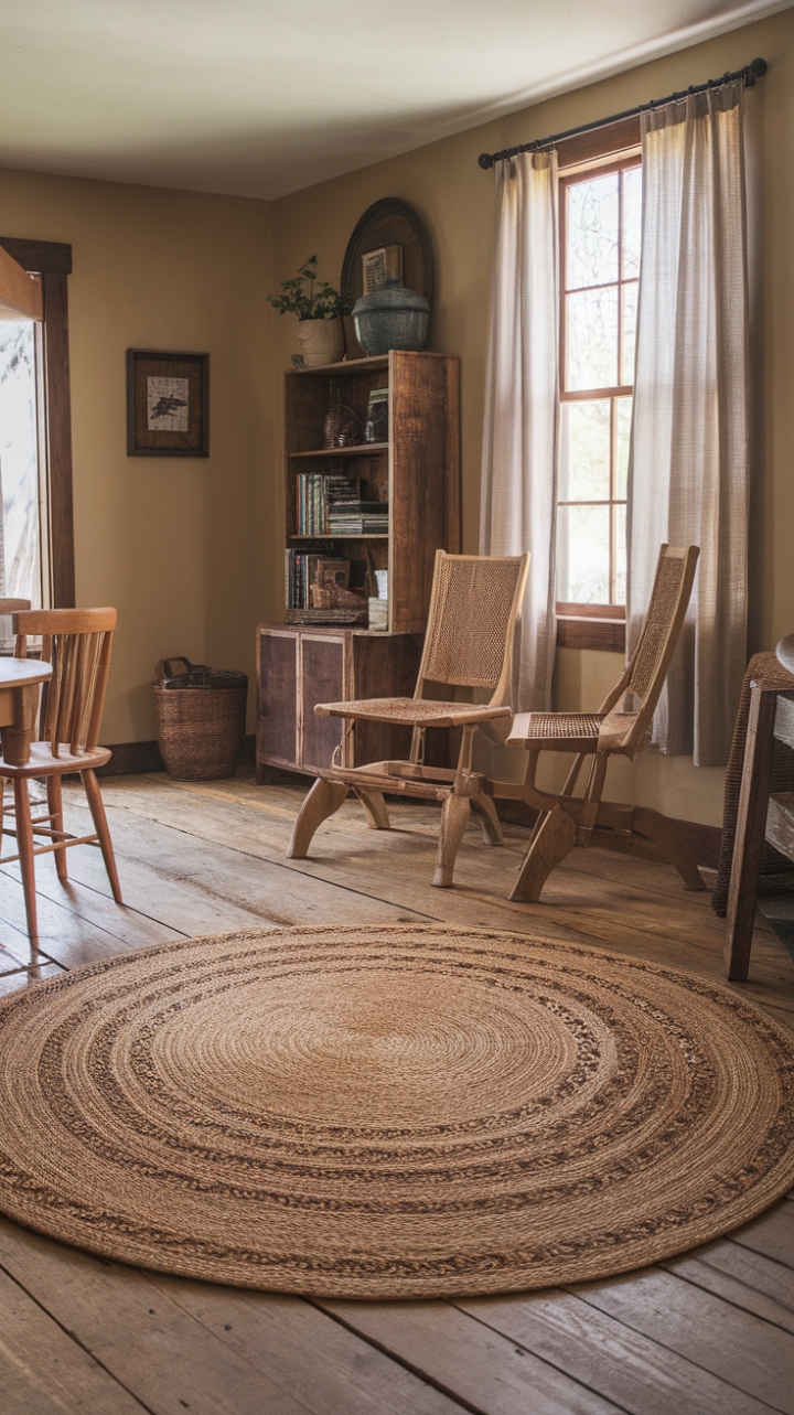 Rustic Charm: Natural Fiber Rug Grounds the Living Room