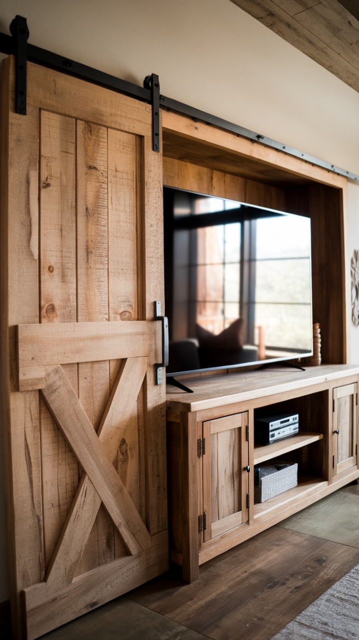 Farmhouse Charm: Rustic TV Stand with Barn Door