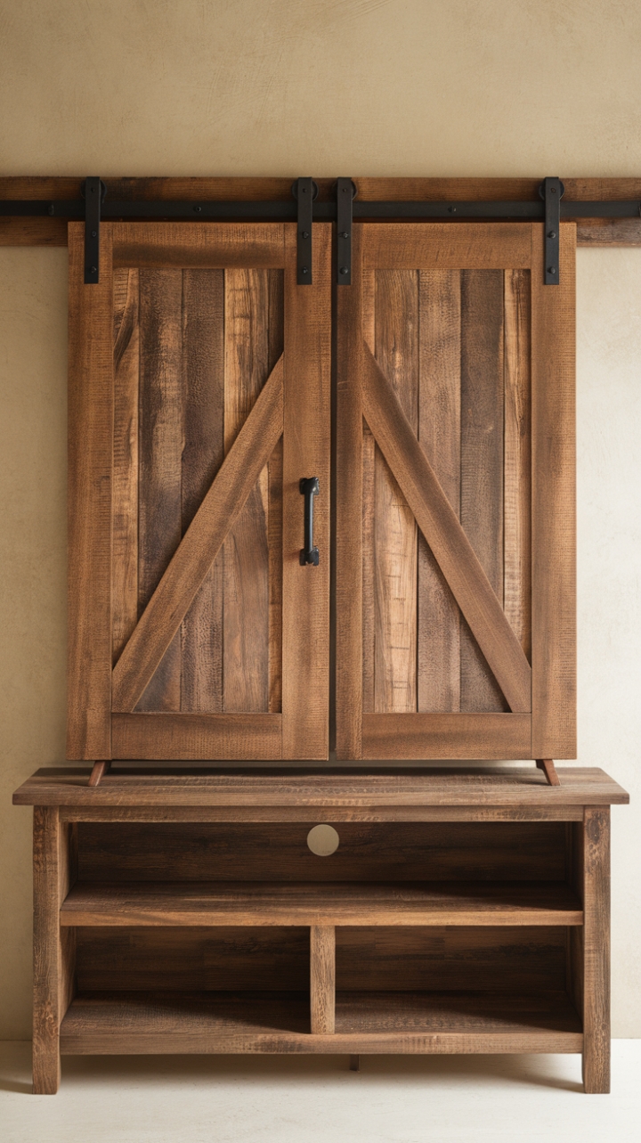 Rustic Farmhouse TV Stand with Barn Door Charm