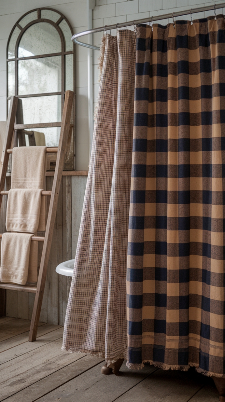 Vintage Plaid Shower Curtain Complements Rustic Bathroom Decor