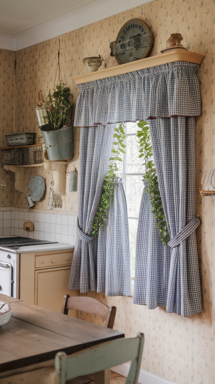 Charming Vintage Country Kitchen with Gingham Curtains