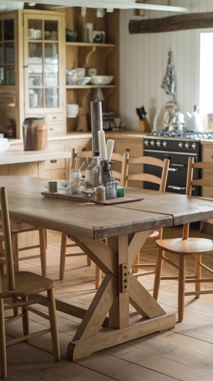 Sturdy Wood Trestle Anchors Cozy Kitchen Gathering Area