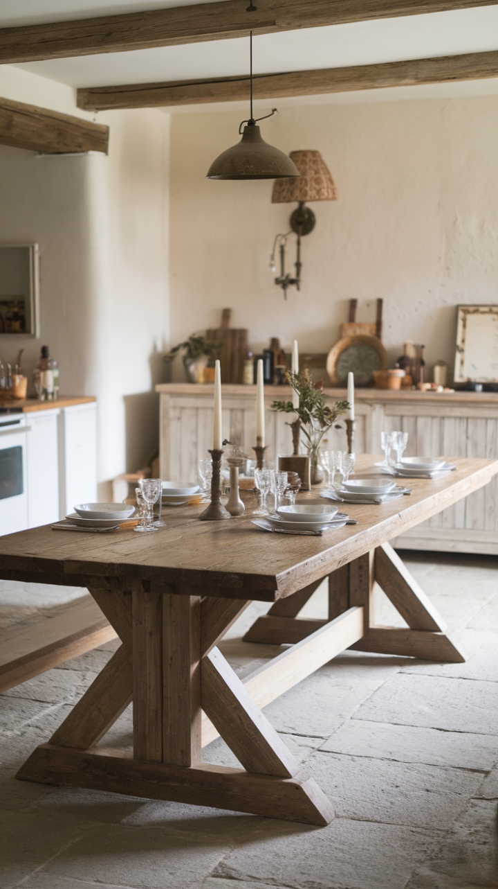 Farmhouse Charm: Reclaimed Wood Trestle Table and Vintage Lampshade