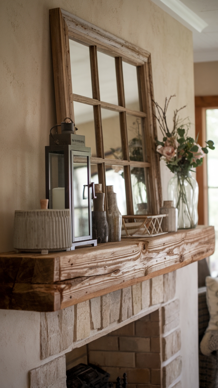 Rustic Reclaimed Wood Mantle Enhances Cozy Fireplace Charm