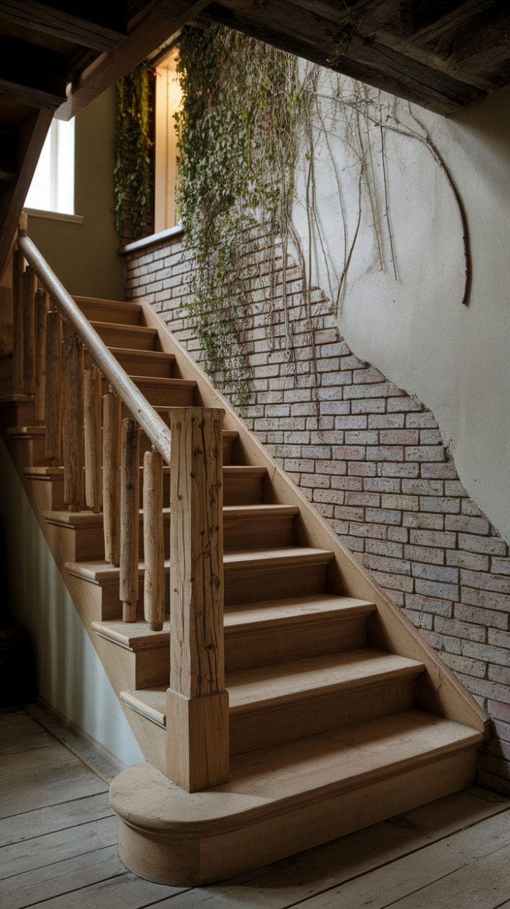 Organic Elegance: Farmhouse Staircase with Log Banister