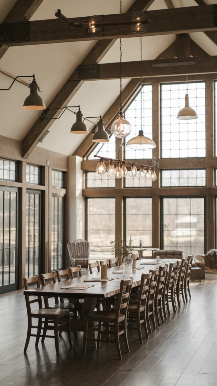 Bright and Inviting Farmhouse Dining Space with Characterful Lighting
