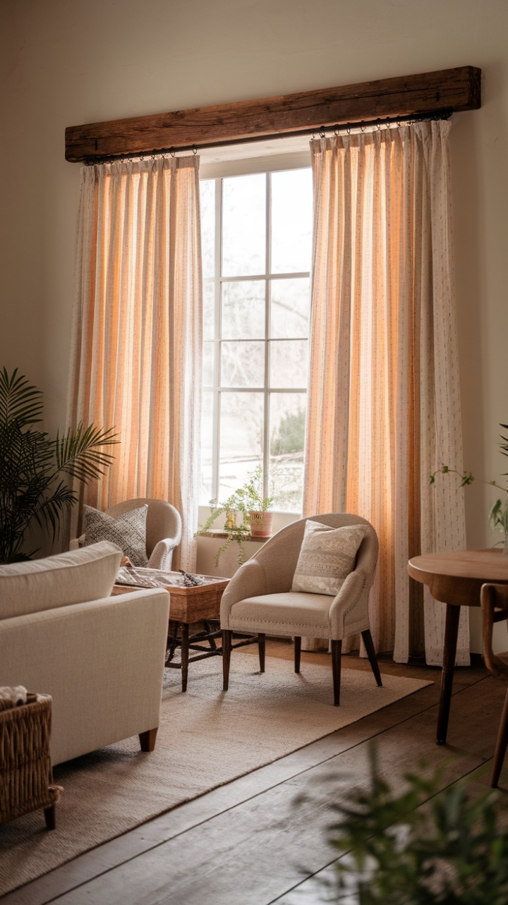 Subtle Charm: Linen Drapes Complement Warm Rustic Decor