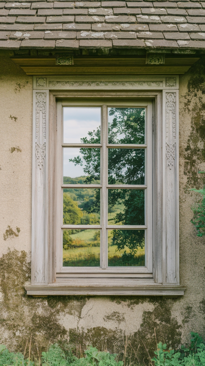 Rustic Elegance: A Serene Countryside View Framed by Carved Wood and Moss-Covered Stone