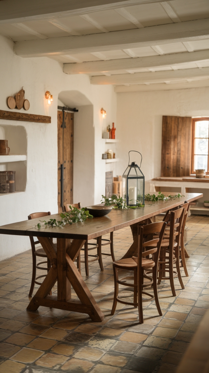 Bright Rustic Kitchen with Long Farm Table and Patterned Floor