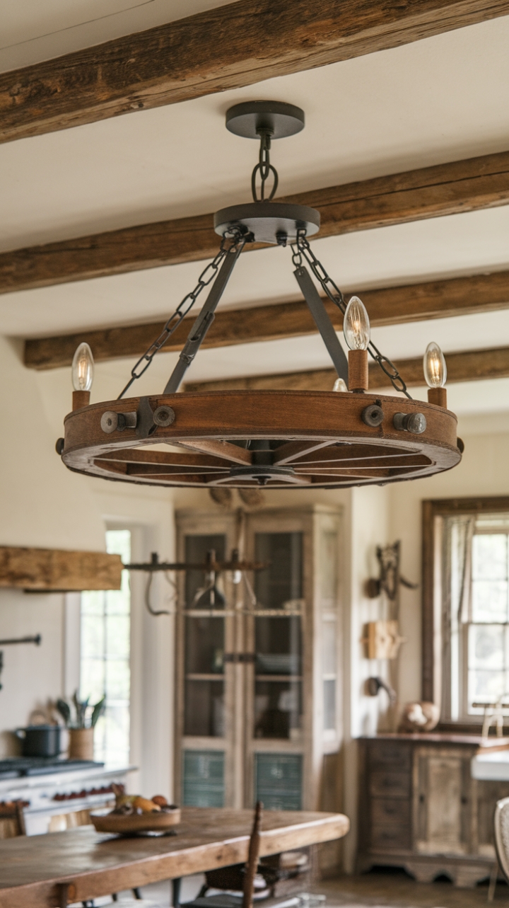 Wild West Charm: Wagon Wheel Chandelier Elevates Rustic Kitchen
