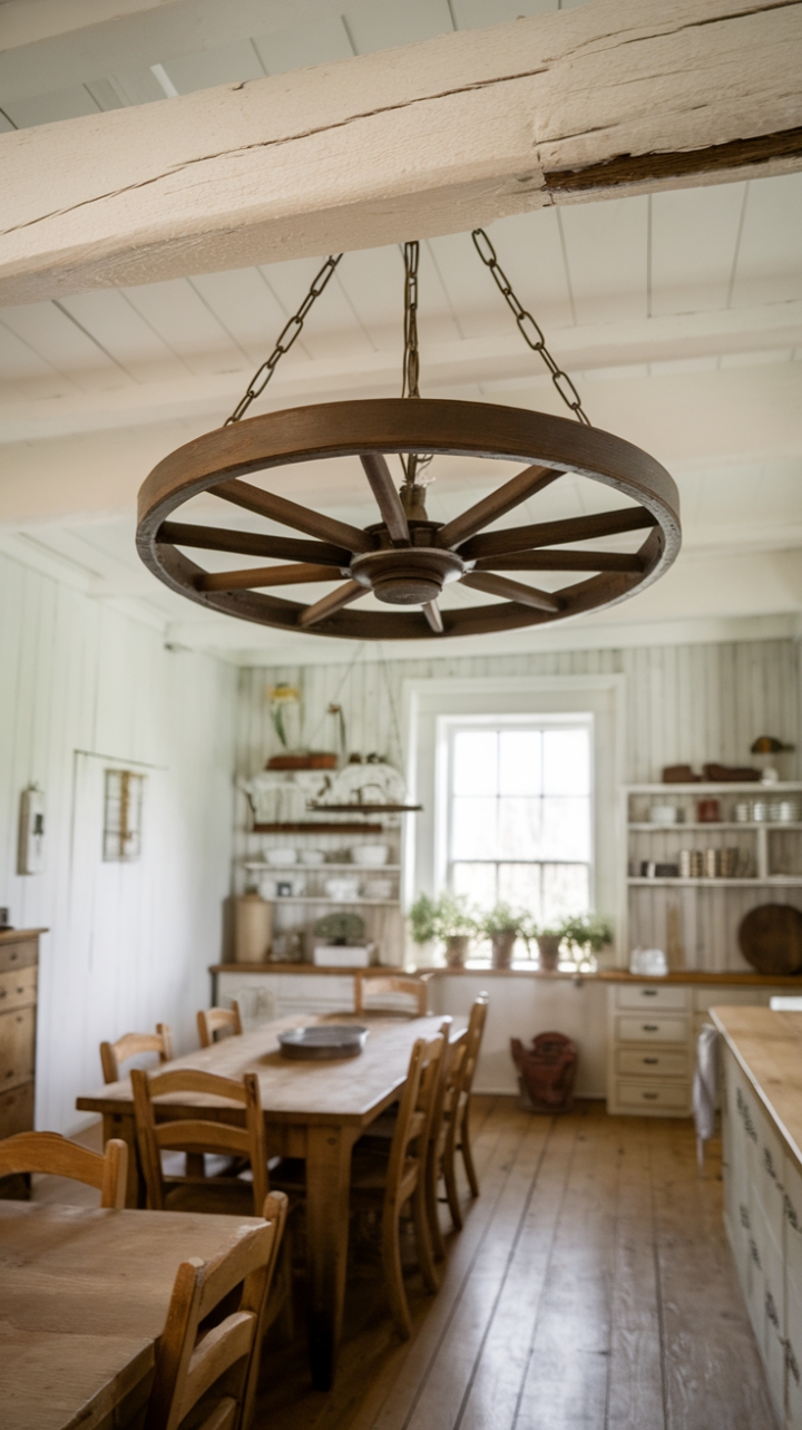 Rustic Charm: Wagon Wheel Chandelier Elevates Farmhouse Kitchen