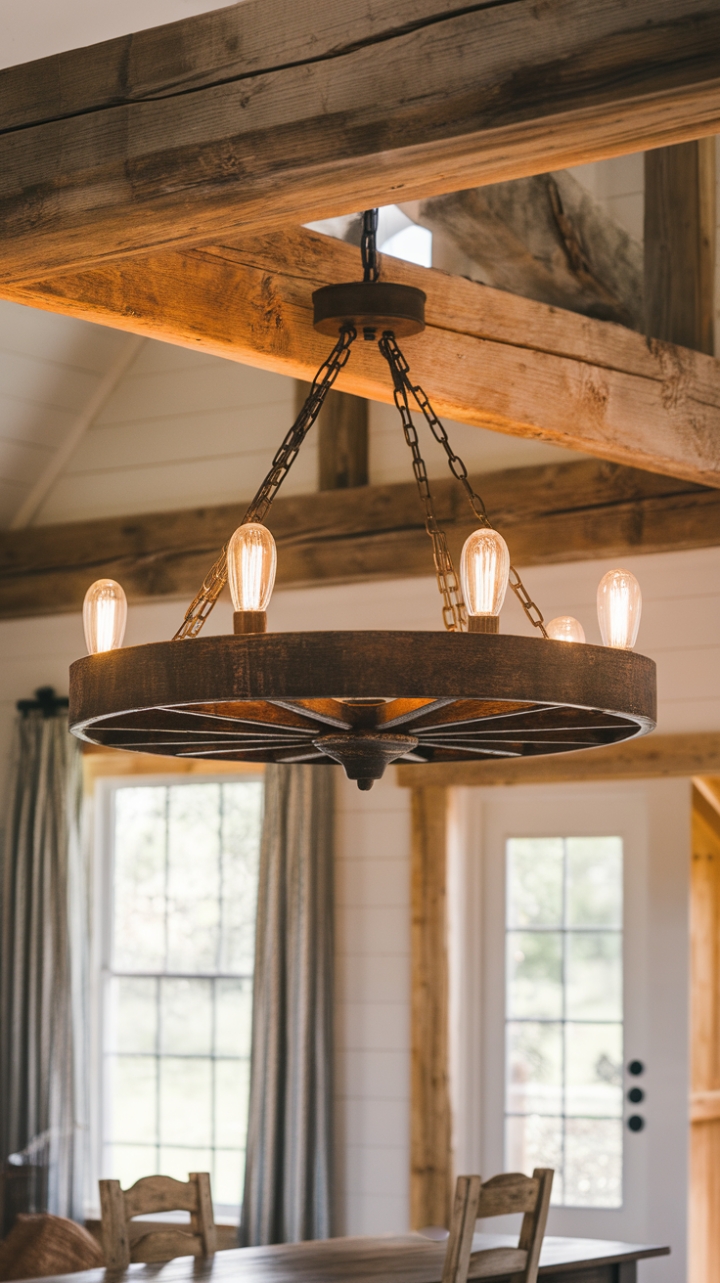 Rustic Elegance: The Wagon Wheel Chandelier Anchoring a Cozy Farmhouse Dining Room