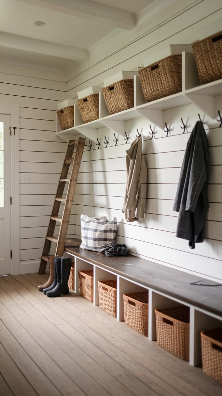 Stylish Farmhouse Mudroom with Shiplap and Baskets