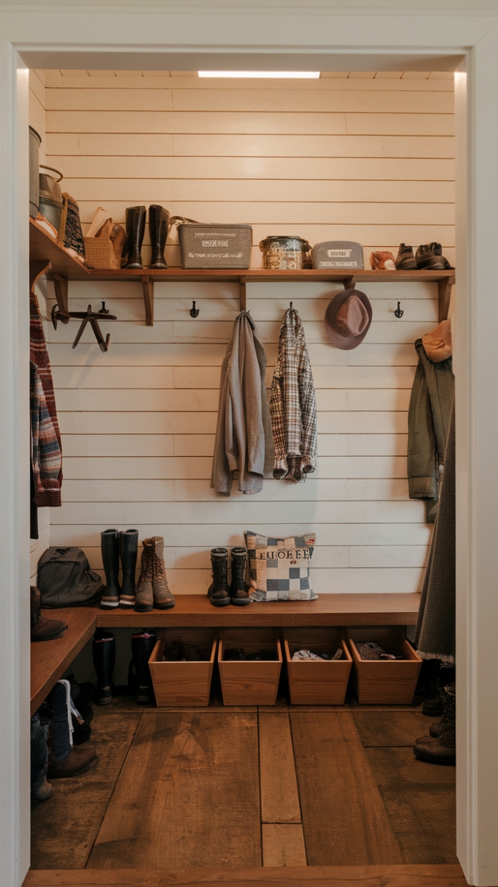 Functional Farmhouse Mudroom Featuring Shiplap and Ample Storage