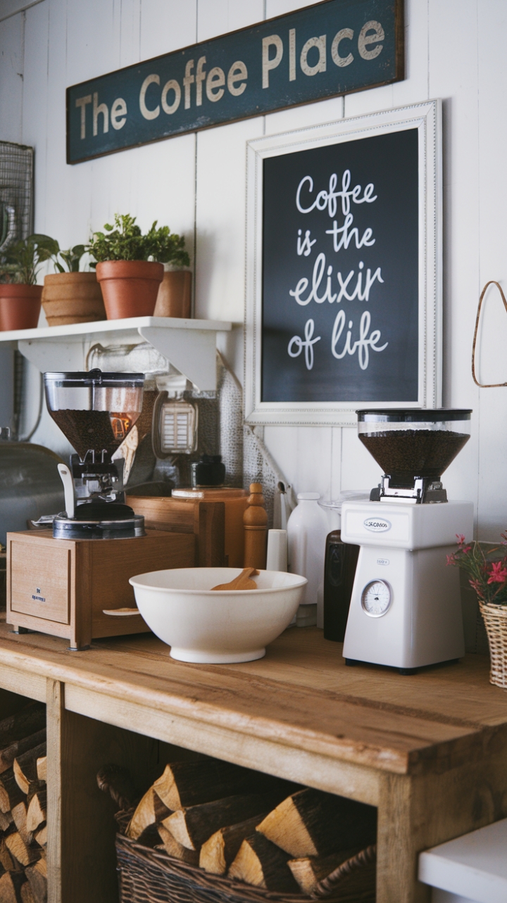 Inviting Farmhouse Coffee Station with Warm Wood Tones and Vintage Charm