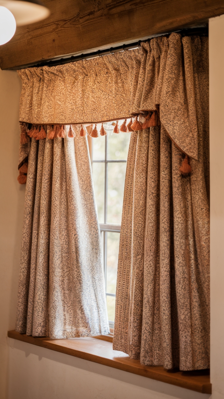Rustic Elegance: Floral Curtain Complements Warm Wood Tones