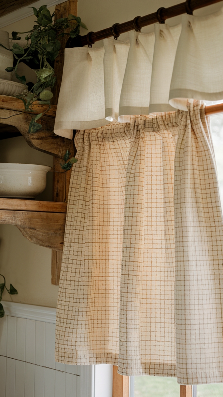 Country Charm: Checkered Curtain Enhances Farmhouse Kitchen