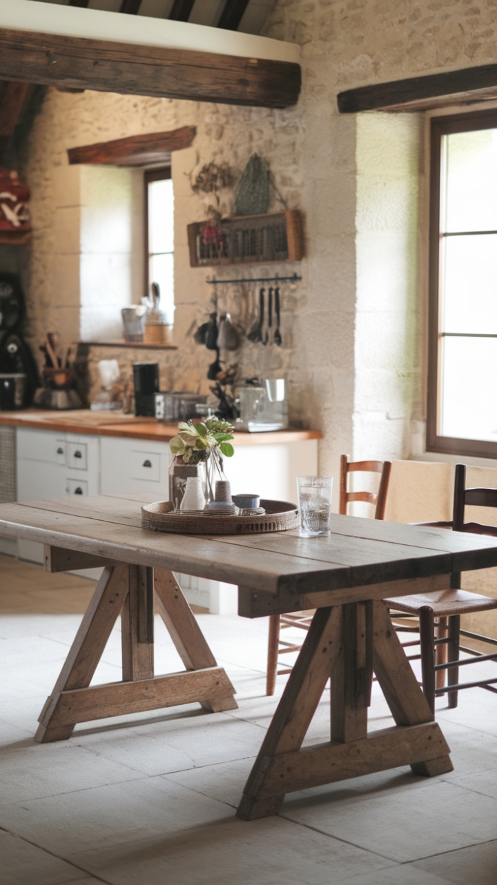Rustic Reclaimed Wood Dining Table Enhances Country Kitchen Charm