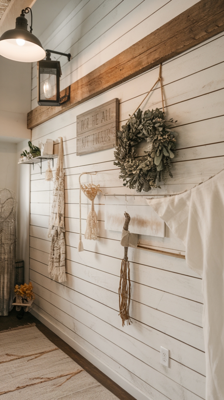 Serene Shiplap Wall Showcasing Rustic Treasures