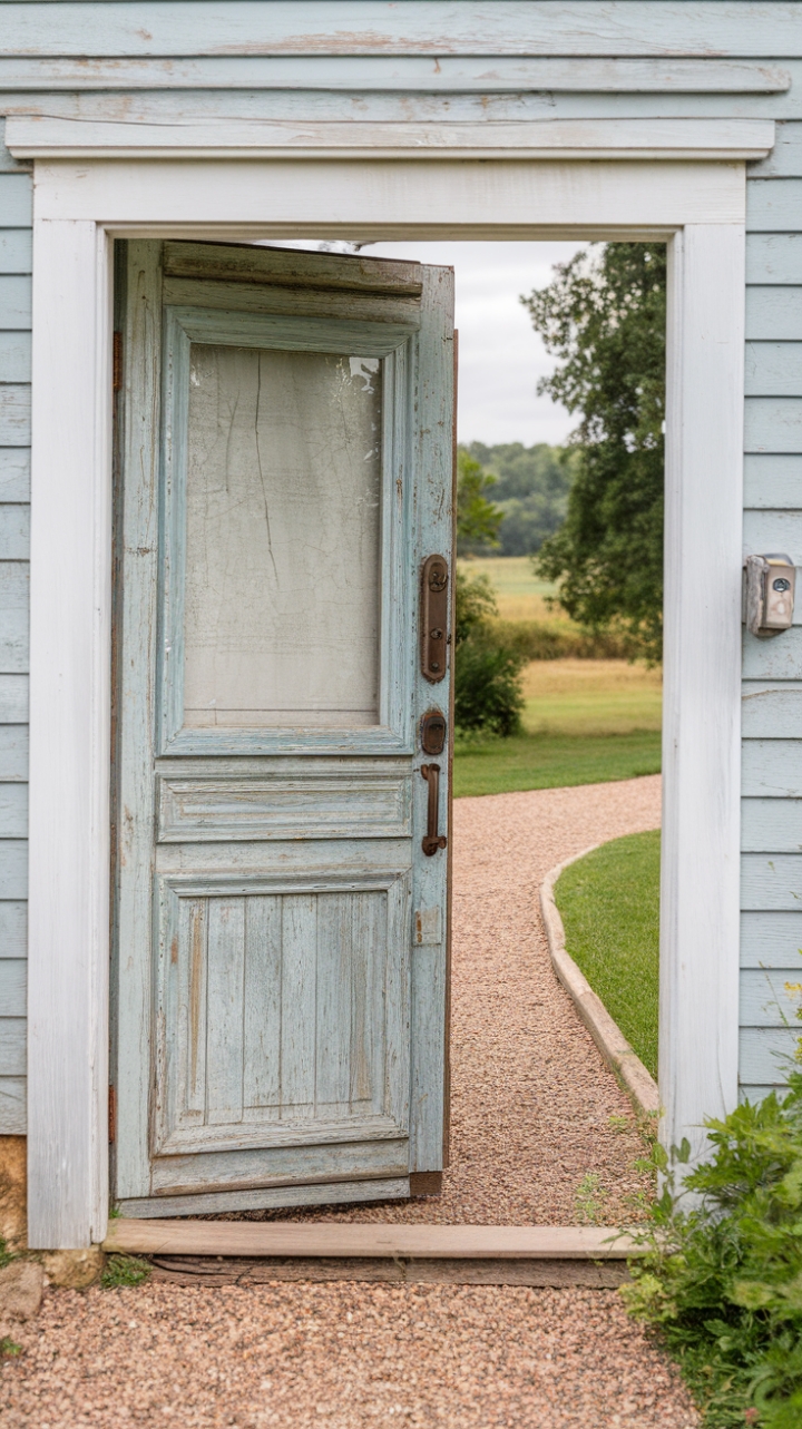 Rustic Charm: A Blue Door and Weathered Details Welcome You Inside