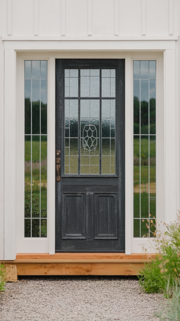Inviting Black Door and Serene Green Landscape