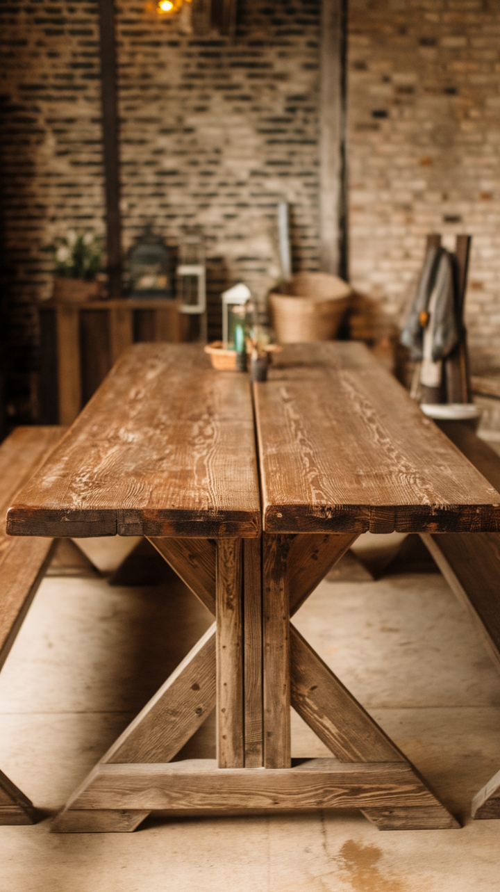 Rustic Reclaimed Wood Table with Trestle Base and Cozy Accents