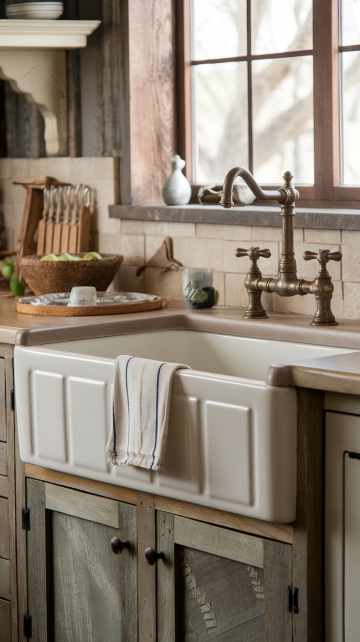 Country Kitchen Elegance with Fireclay and Antique Faucet