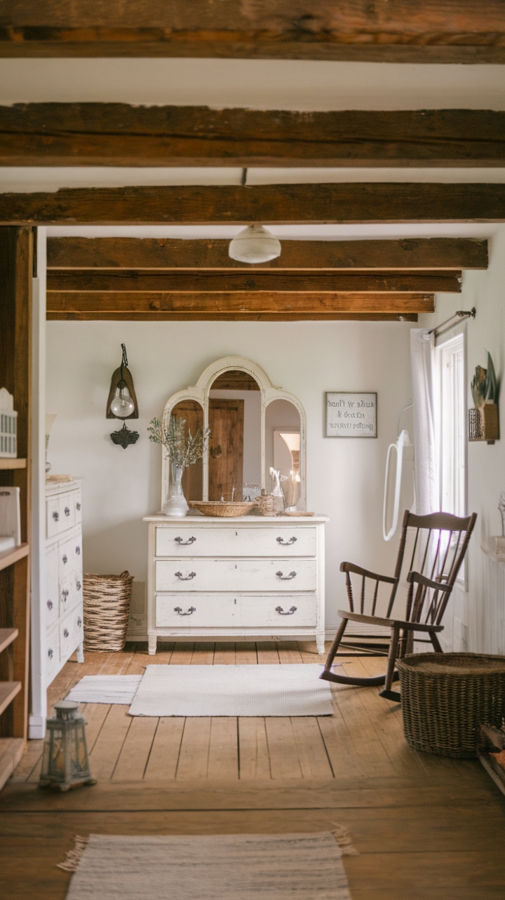 Timeless Farmhouse Style with Wooden Beams and Antique Touches