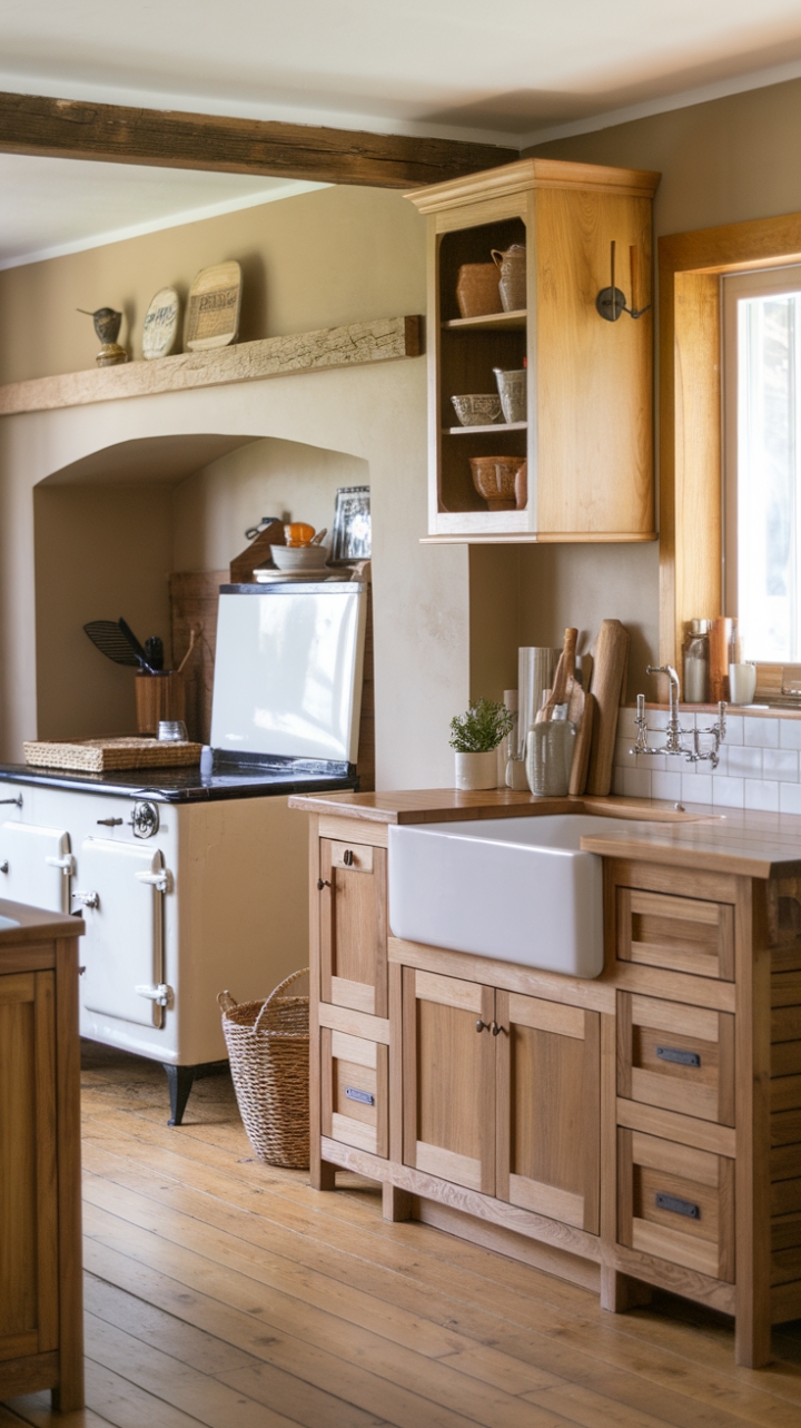 Cozy Farmhouse Kitchen with Natural Wood and Vintage Charm