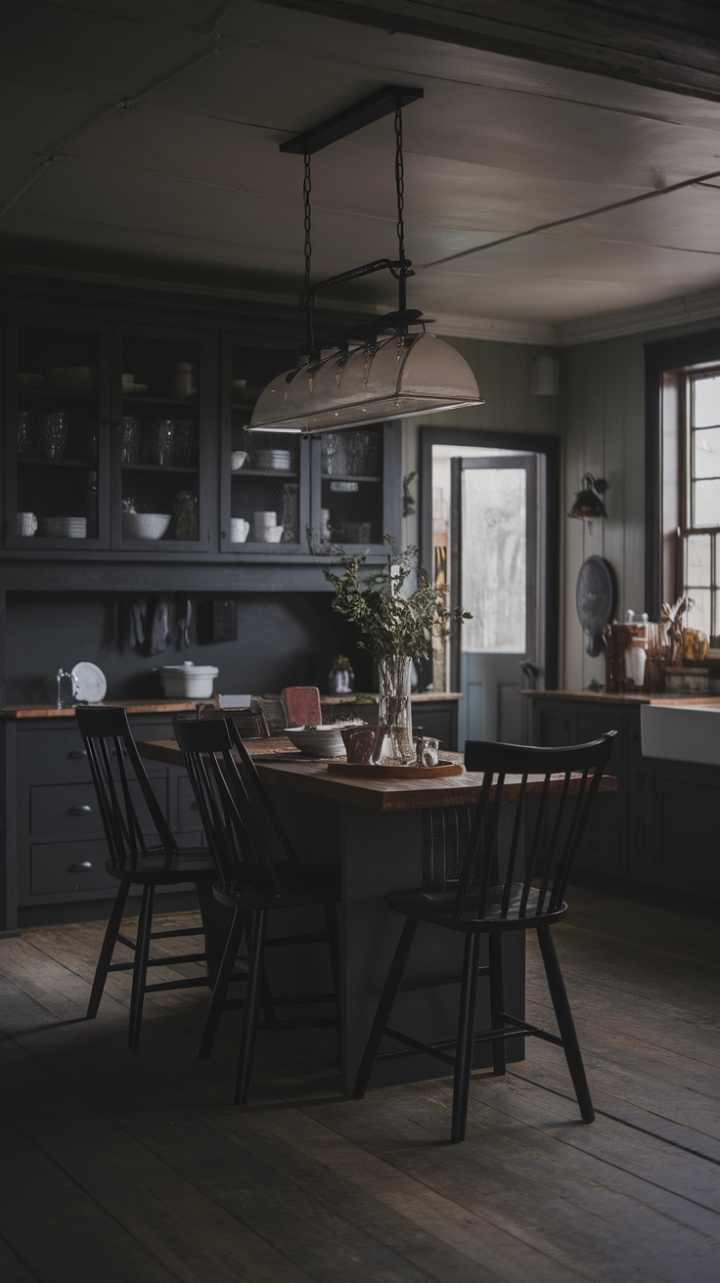 Moody Charm: A Farmhouse Kitchen with Charcoal Cabinets and Vintage Glow
