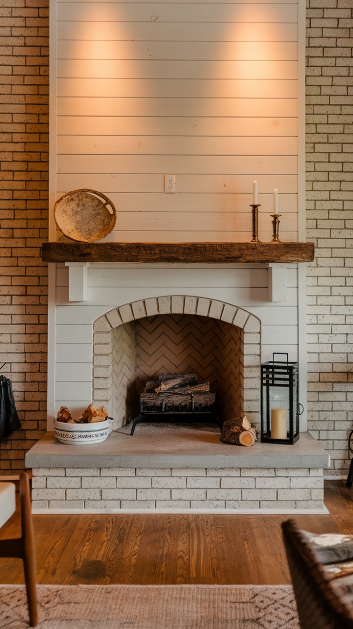 Charming Modern Rustic Fireplace with Shiplap and Exposed Brick