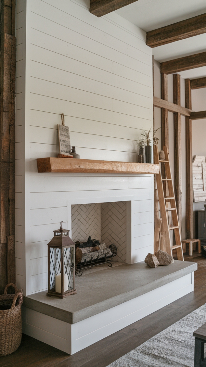Cozy Farmhouse Hearth with Shiplap and Exposed Beams