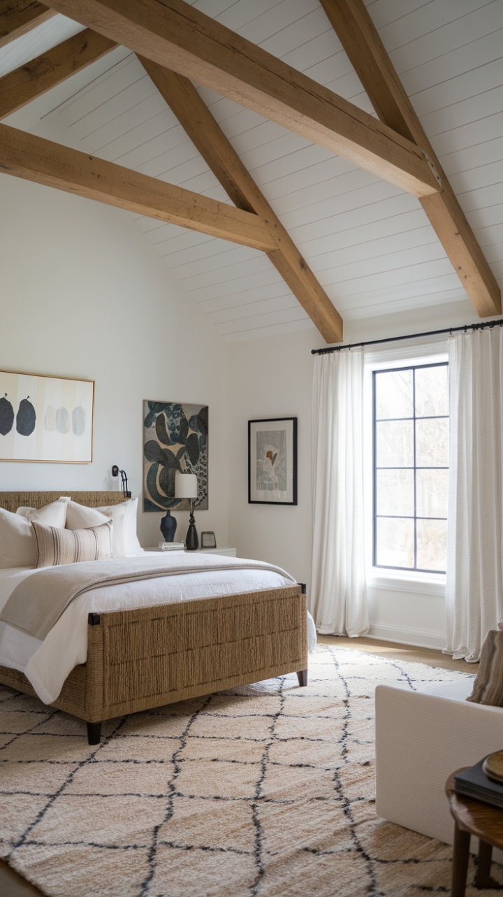 A Serene Retreat with Exposed Beams and Contemporary Flair