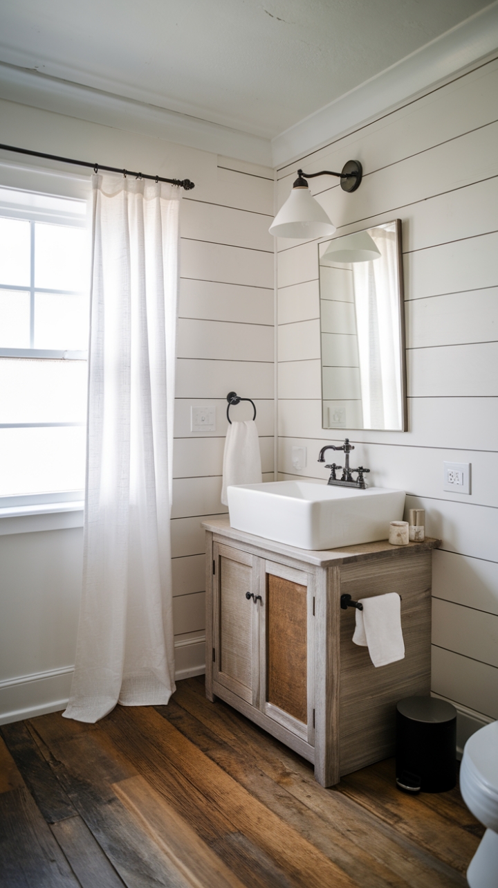 Modern Farmhouse Bathroom with Warm Shiplap and Sleek Black Fixtures