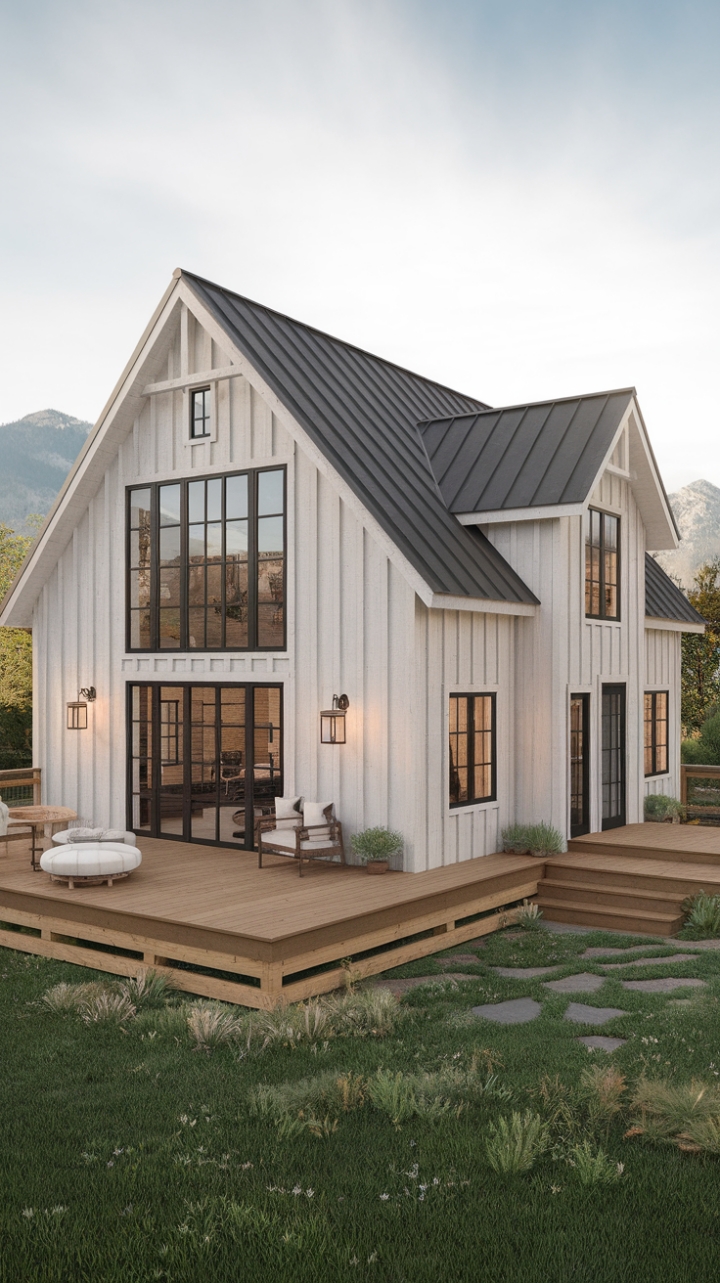 Elegant White Farmhouse with Black Accents and Scenic Deck