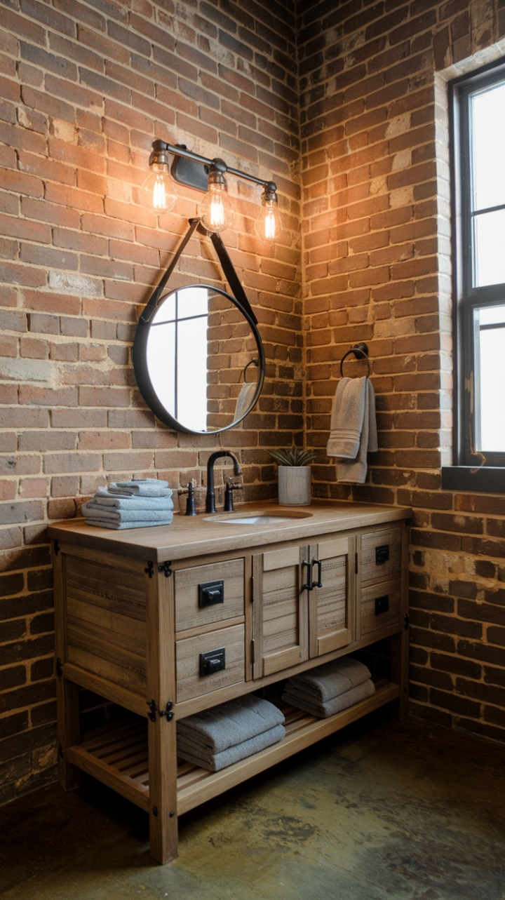 Stylish Farmhouse Retreat with Wooden Vanity and Exposed Brick