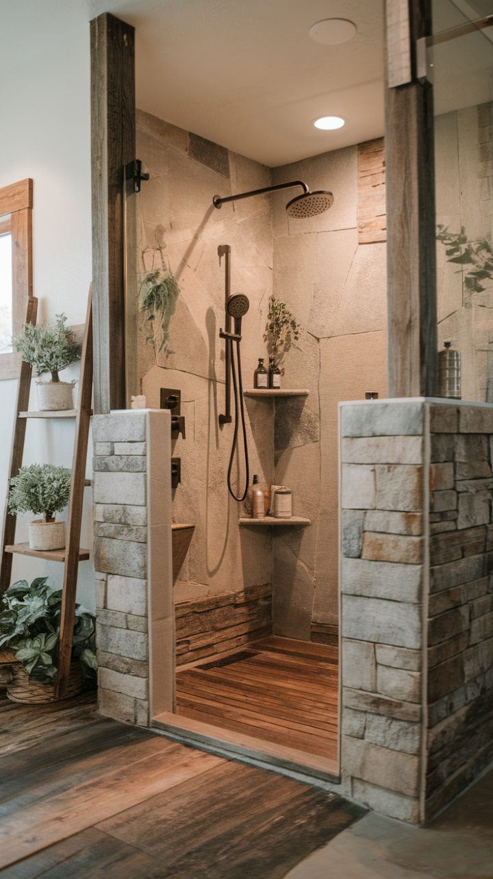 Spa-Inspired Farmhouse Shower with Natural Stone and Warm Wood