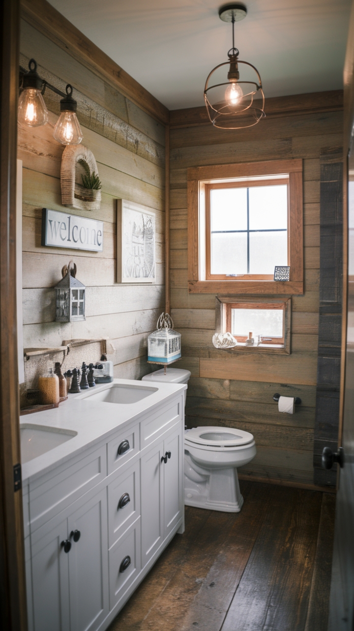 Warm farmhouse bathroom with vintage lighting and modern fixtures