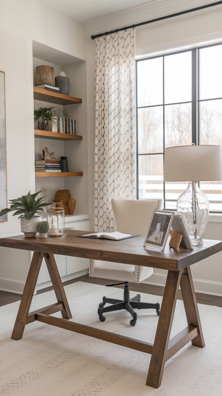 Serene Modern Farmhouse Office with Natural Light and Personal Touches