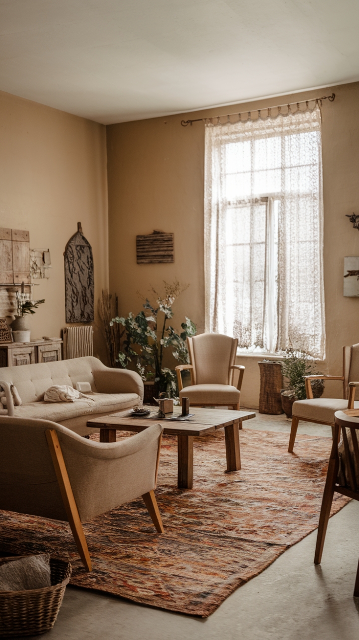 Charming Farmhouse Living Room with Natural Light and Warm Tones