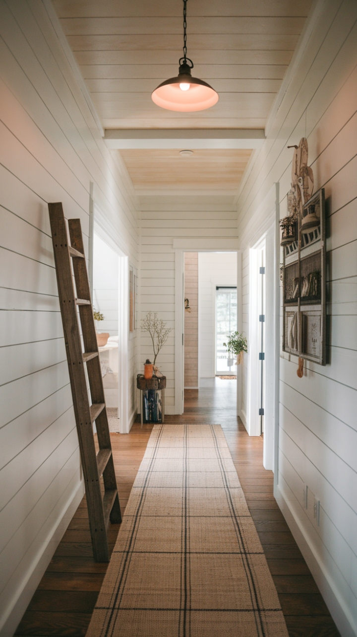 Textured Elegance: Shiplap and Warm Lighting in a Chic Farmhouse Passage