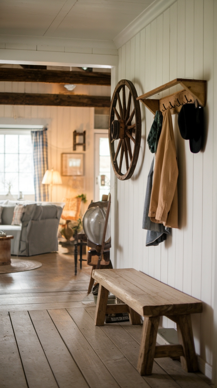 Rustic Welcome: Wooden Bench, Coat Rack, and Wagon Wheel